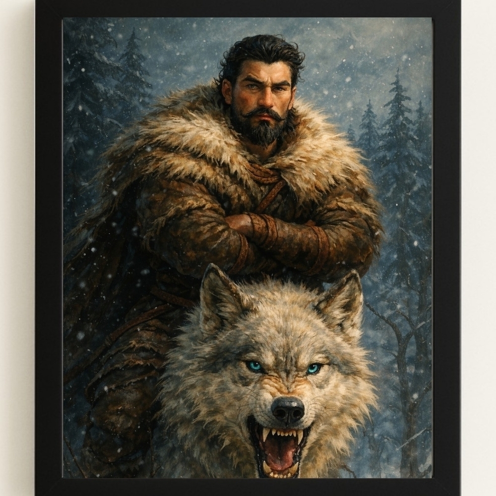 Art Print with Wolf and Warrior In A  Frame 8x10